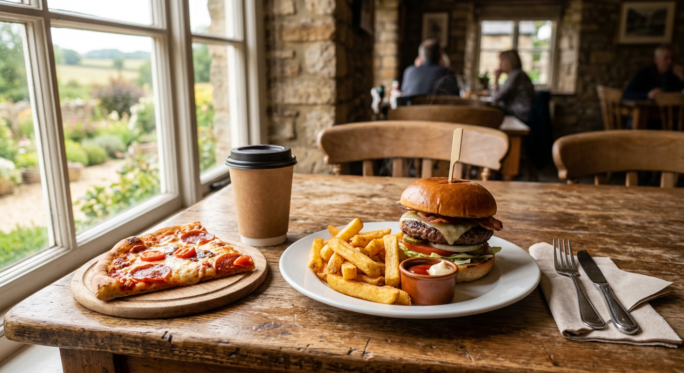 A burger with chips, a slice of pizza and a takeaway coffee on a wooden cafe table