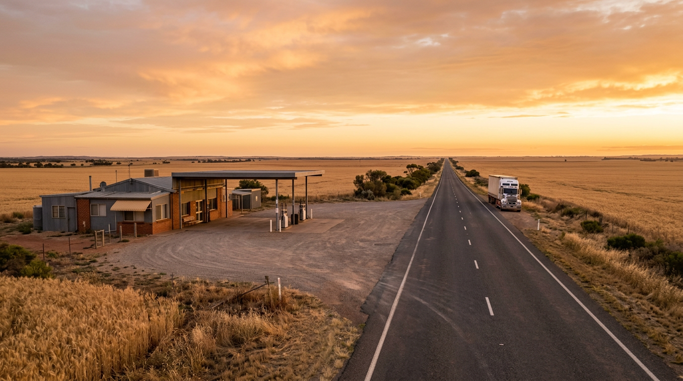 Highway roadhouse with a fuel canopy and a truck parked beside wheat fields in the Wheatbelt