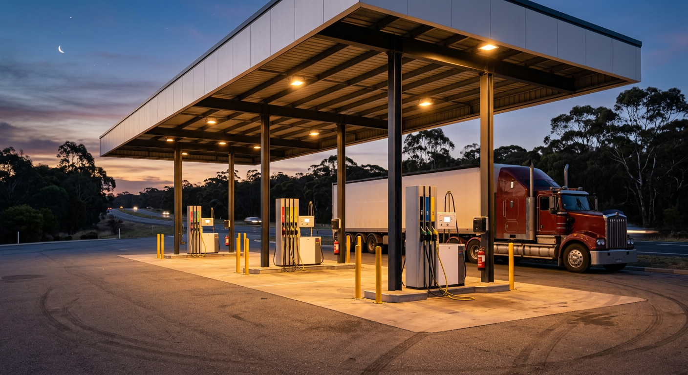 Fuel pumps under a forecourt canopy at dusk with a truck parked beside the diesel bowsers